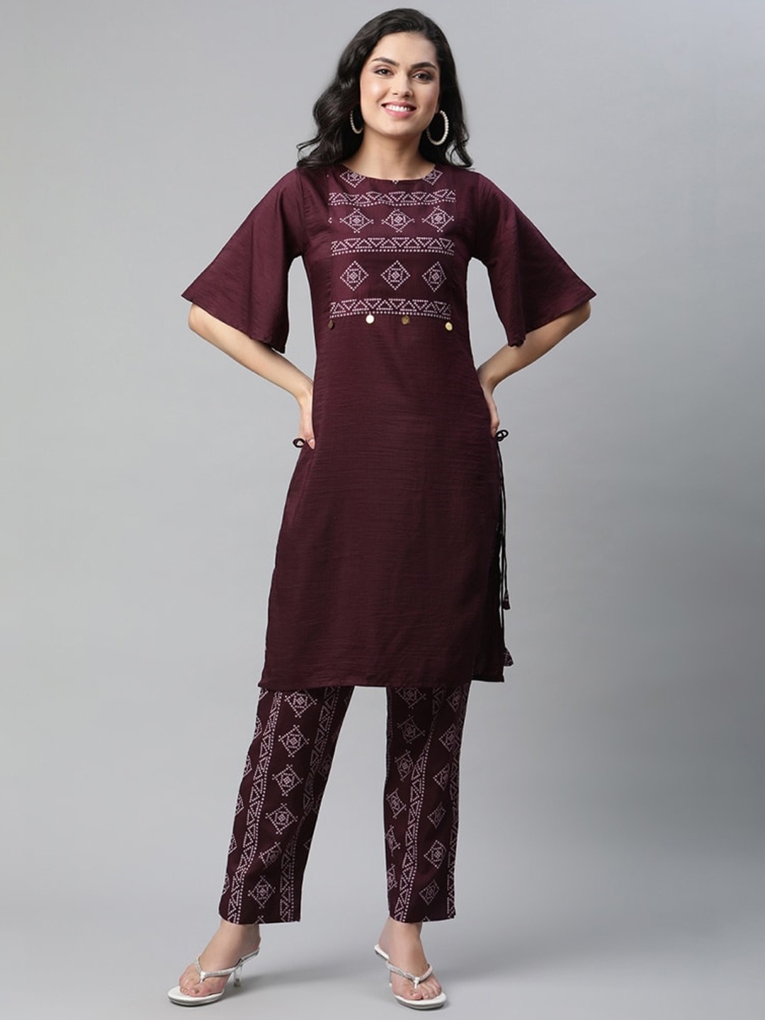 

OM SAI LATEST CREATION Women Purple Printed Flared Sleeves Kaftan Kurta