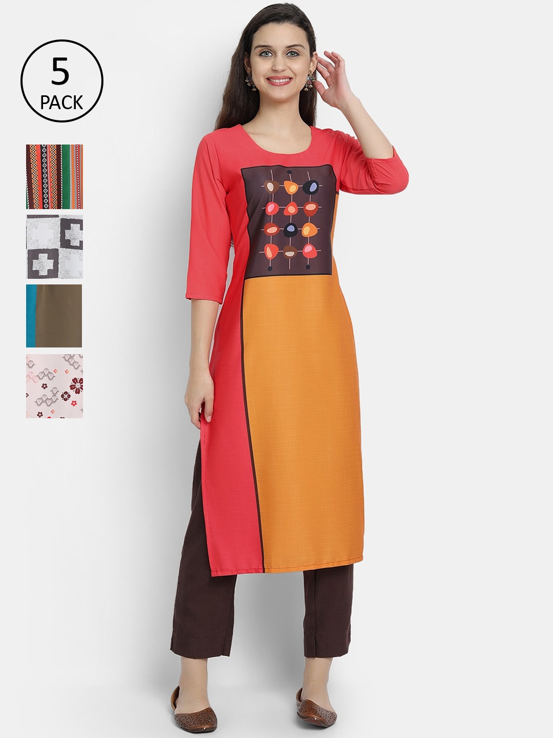

7Threads Women Pack Of 5 Printed Crepe Kurtas, Red