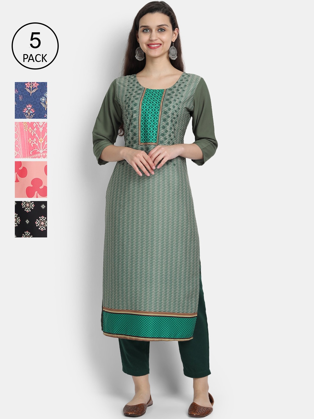 

7Threads Women Pack Of 5 Ethnic Motifs Printed Crepe Kurta, Green