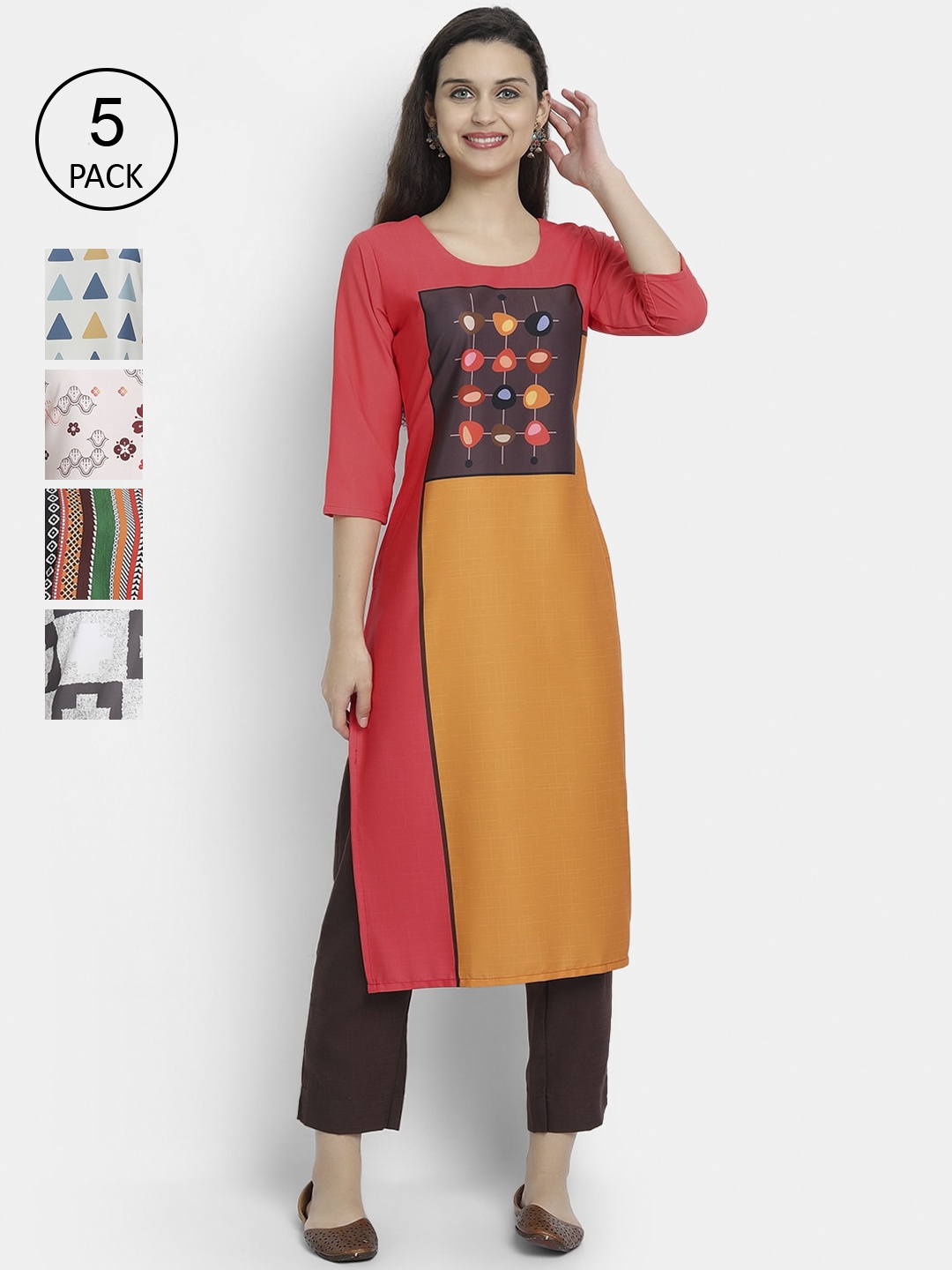 

7Threads Women Pack Of 5 Multicoloured Ethnic Motifs Printed Crepe Kurtas, Multi