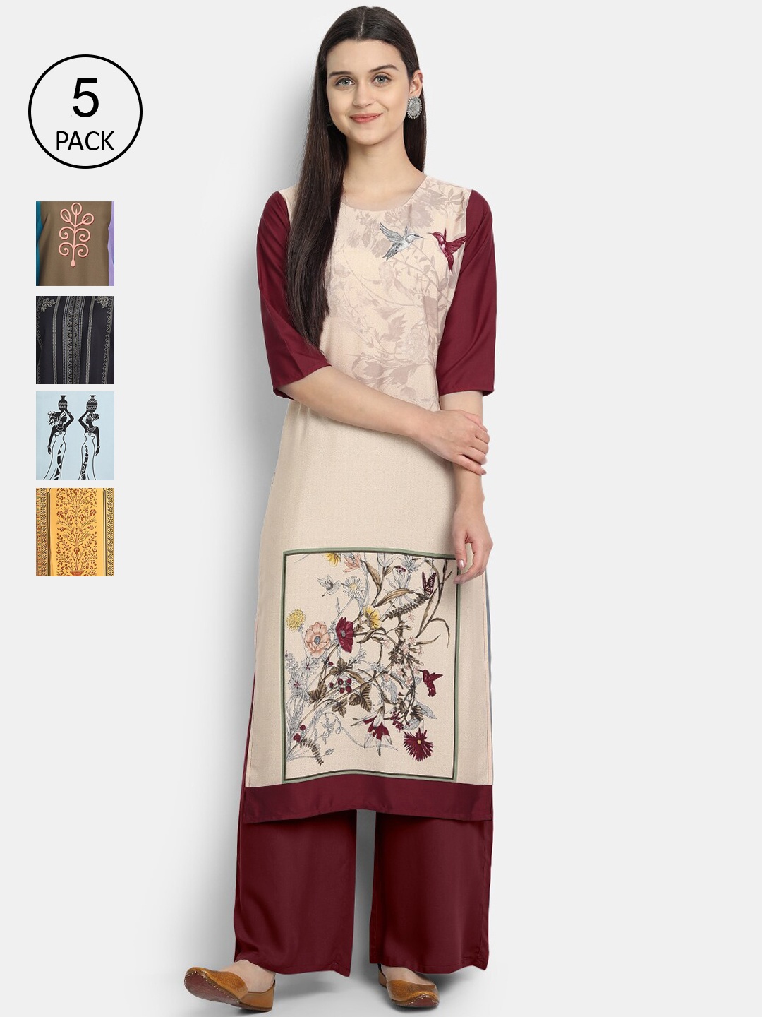 

7Threads Women Pack of 5 Multicoloured Printed Crepe Straight Kurtas, Multi