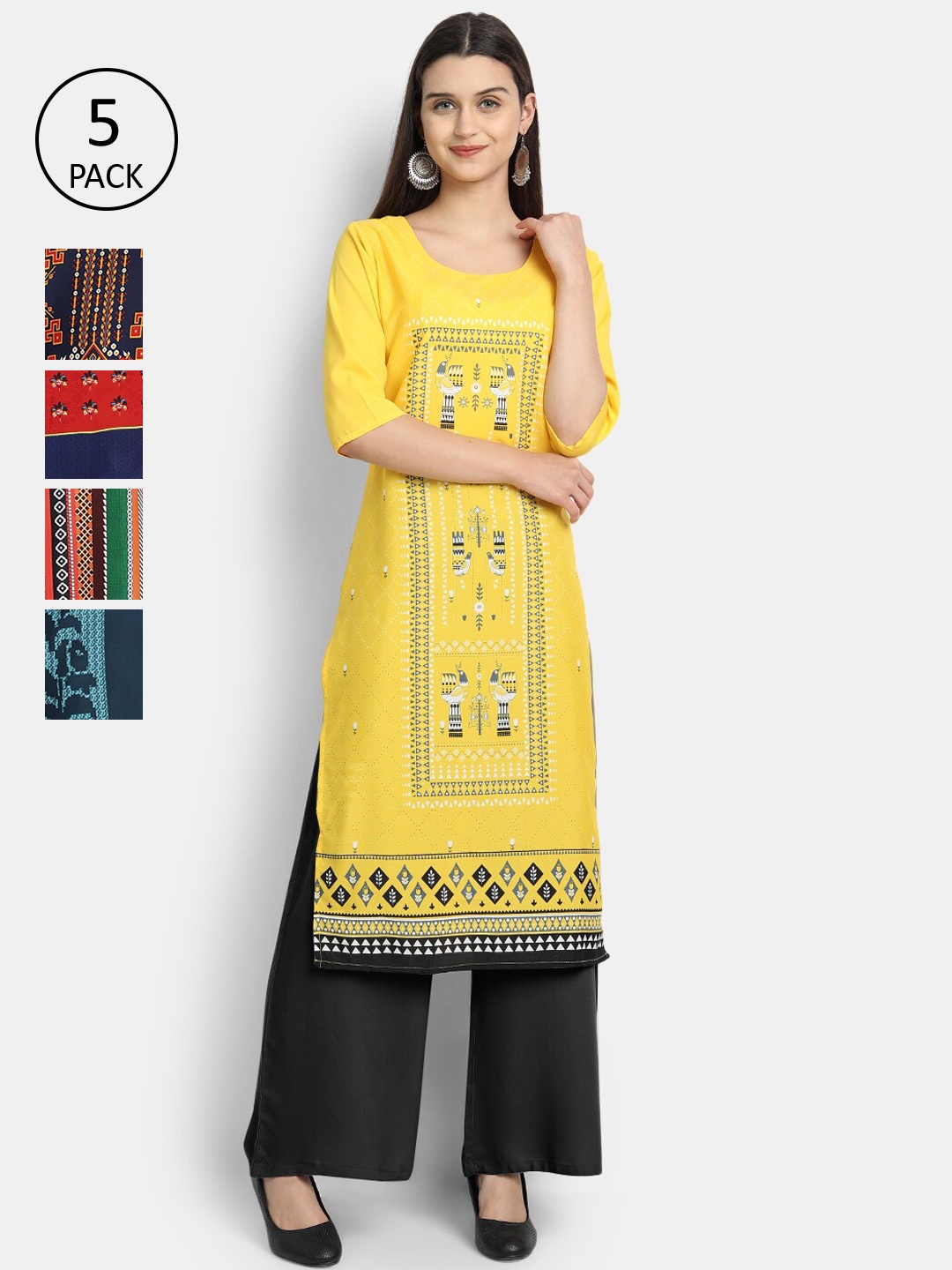 

7Threads Women Pack Of 5 Printed Kurtas, Yellow