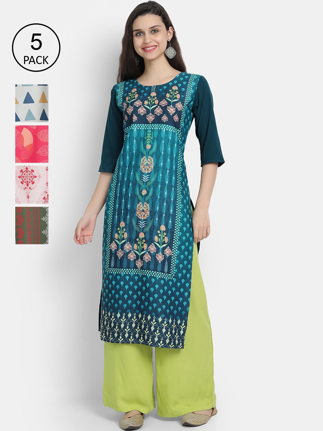 

7Threads Women Pack of 5 Geometric Printed Crepe Kurta, Blue