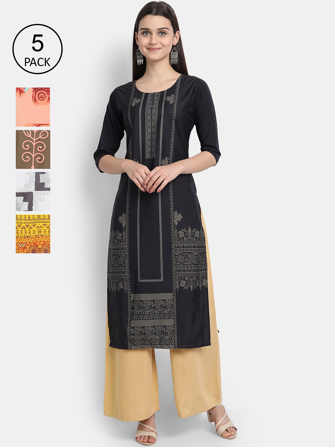 

7Threads Women Pack Of 5 Printed Crepe Kurta, Yellow