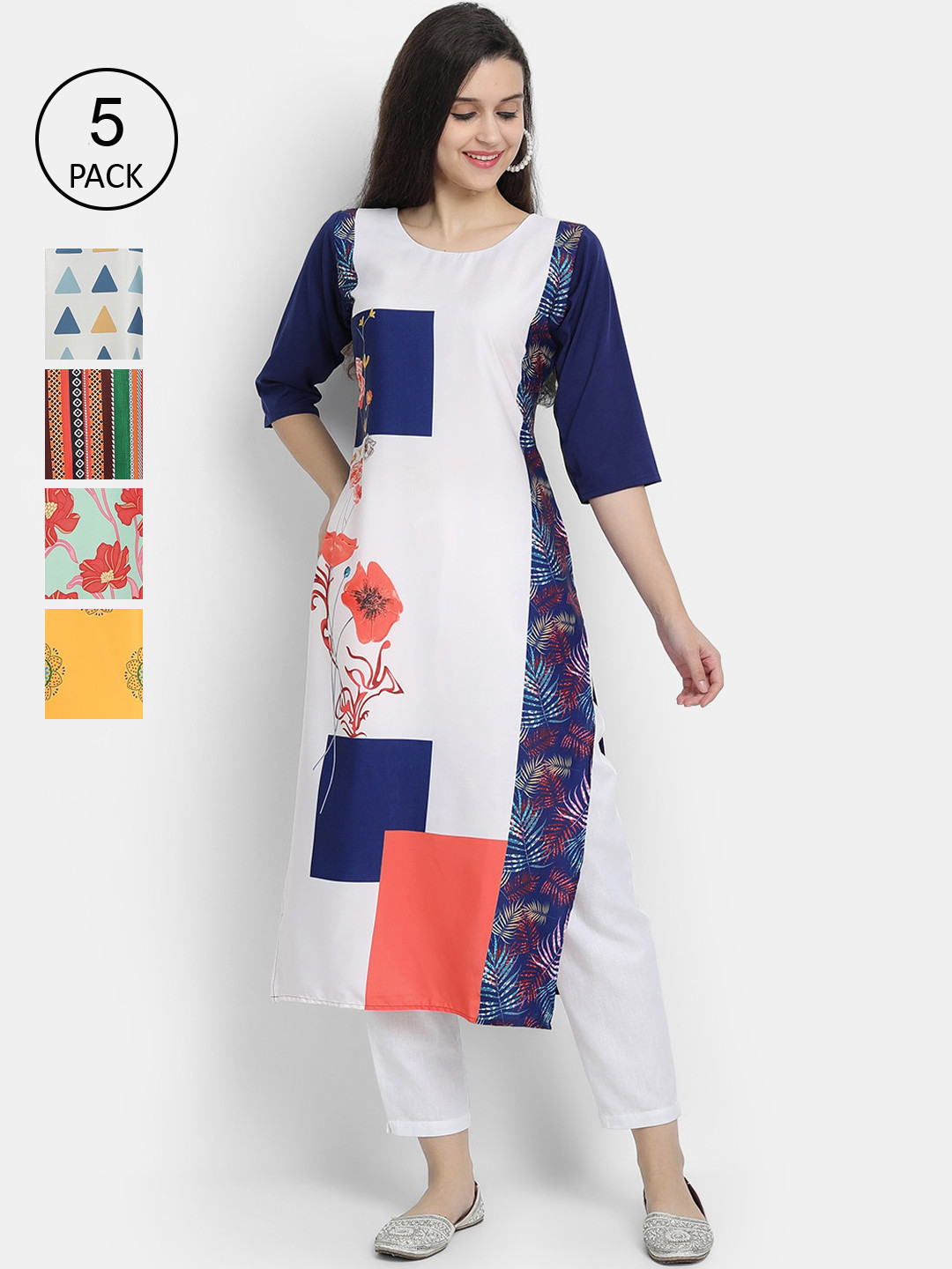 

7Threads Women Pack Of 5 Floral Printed Crepe Kurta, White