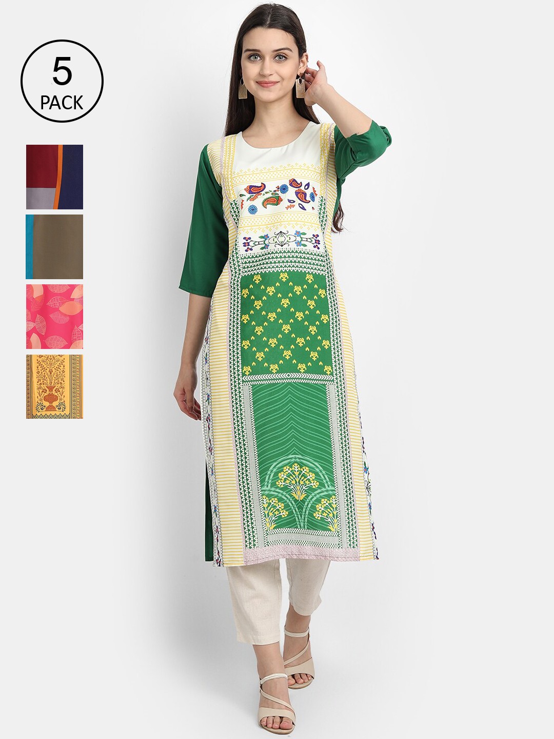

7Threads Woman Pack of 5 Multicoloured Ethnic Motifs Printed Crepe Kurta, Multi