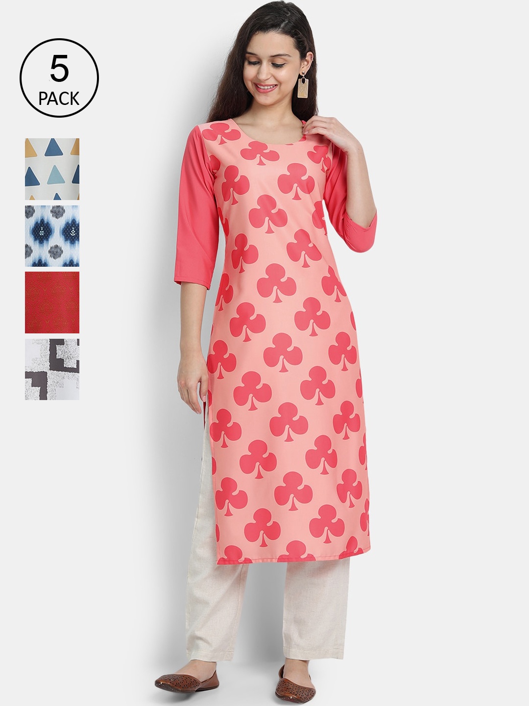 

7Threads Women Set of 5 Multi Geometric Printed Crepe Kurta