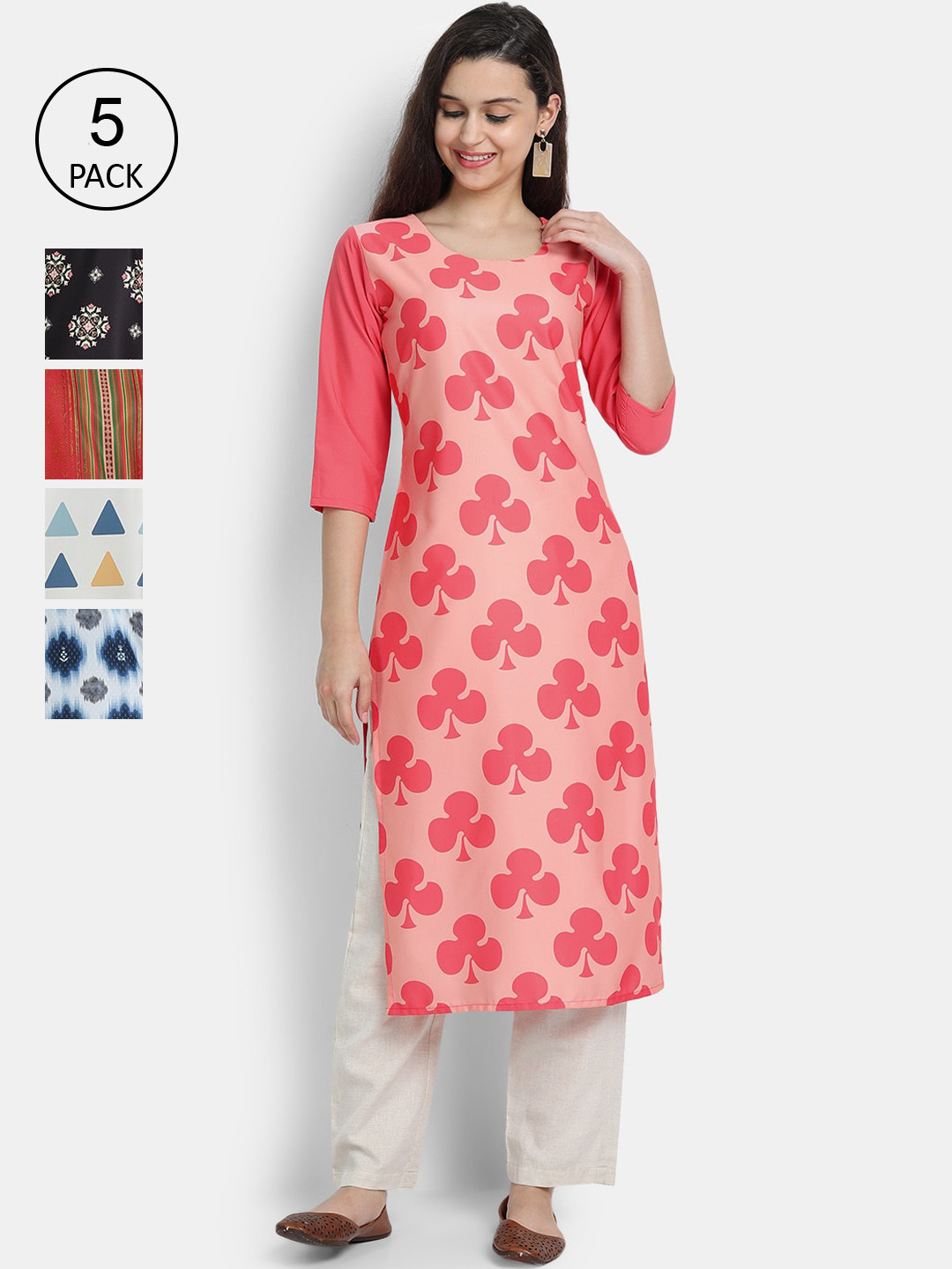 

7Threads Women Pack of 5 Multicoloured Printed Crepe Straight Kurtas, Multi