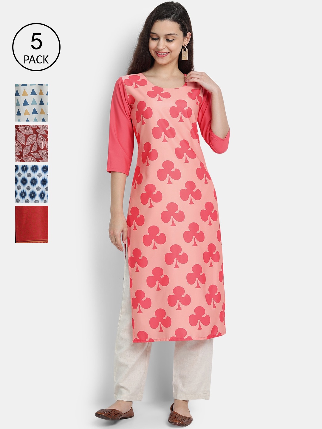 

7Threads Women Pack of 5 Ethnic Motifs Printed Crepe Kurta, Pink