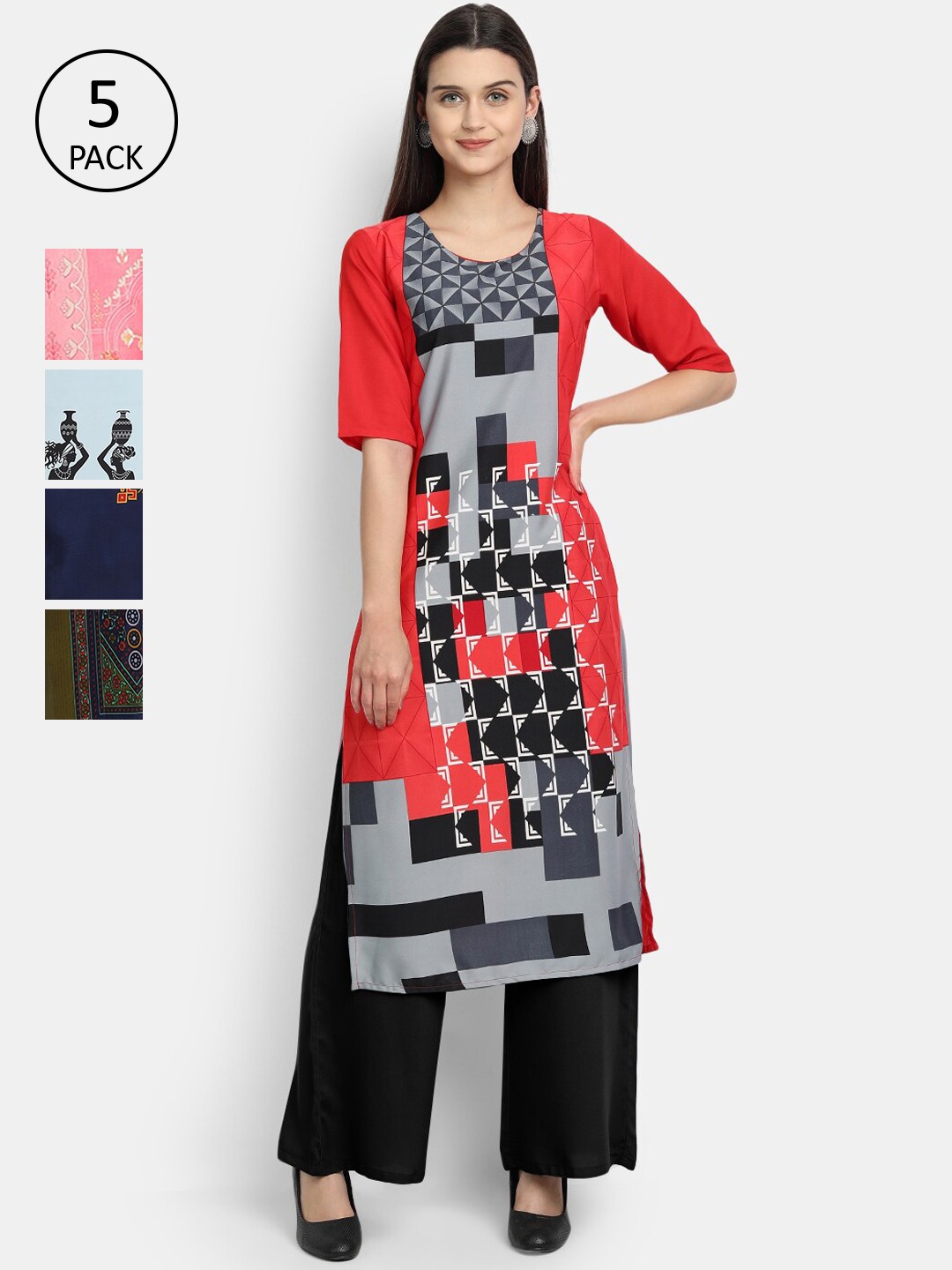 

7Threads Women Pack Of 5 Printed Kurtas, Red