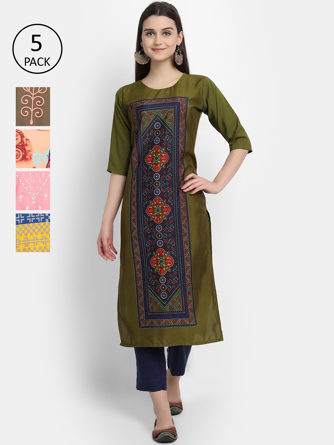

7Threads Women Pack Of 5 Multicoloured Ethnic Motifs Printed Kurta, Multi