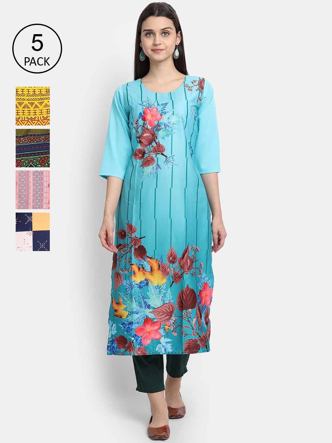 

7Threads Women Pack Of 5 Multicoloured Floral Printed Crepe Kurta, Multi