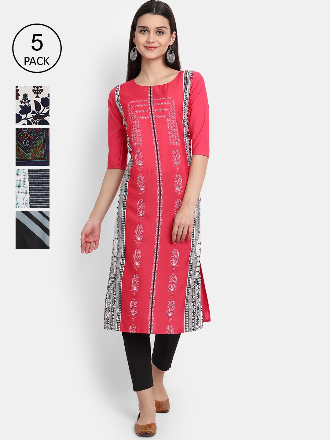

7Threads Women Pack of 5 Geometric Printed Crepe Kurta, Pink