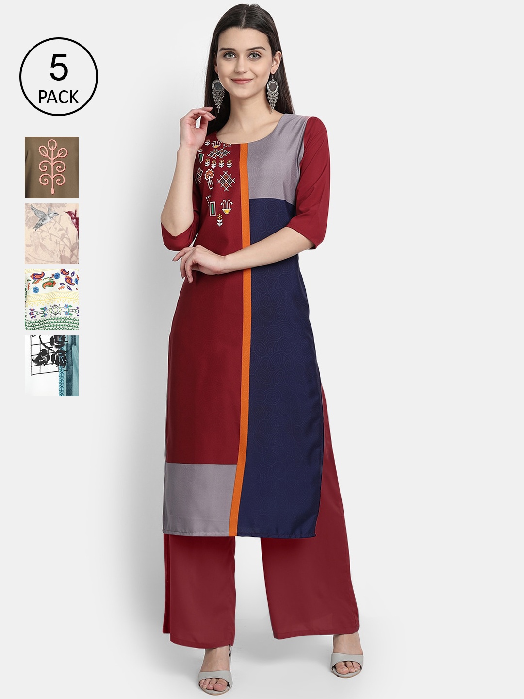 

7Threads Women Pack Of 5 Printed Crepe Kurtas, Maroon