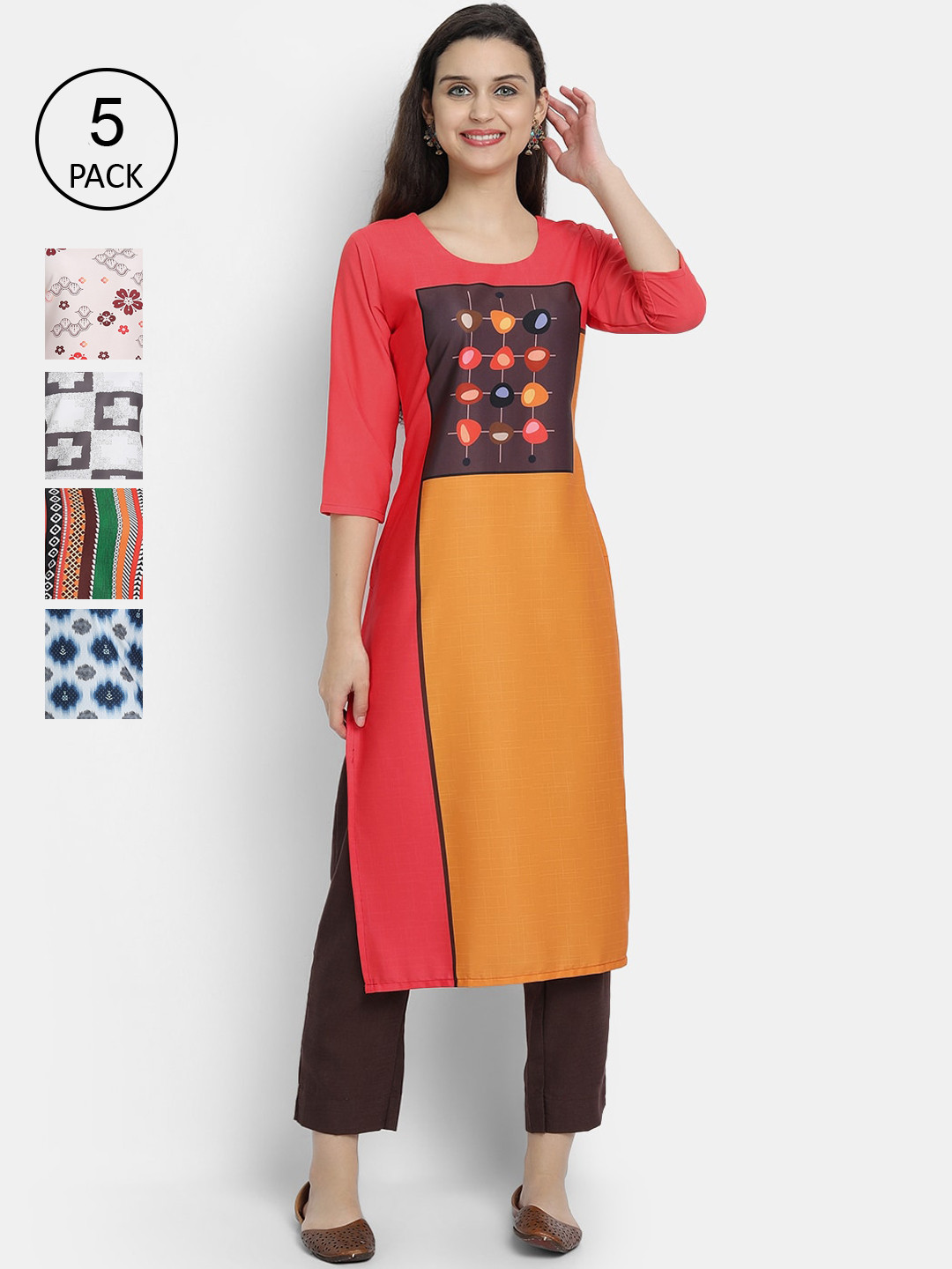 

7Threads Women Set of 5 Multi Geometric Printed Crepe Kurta