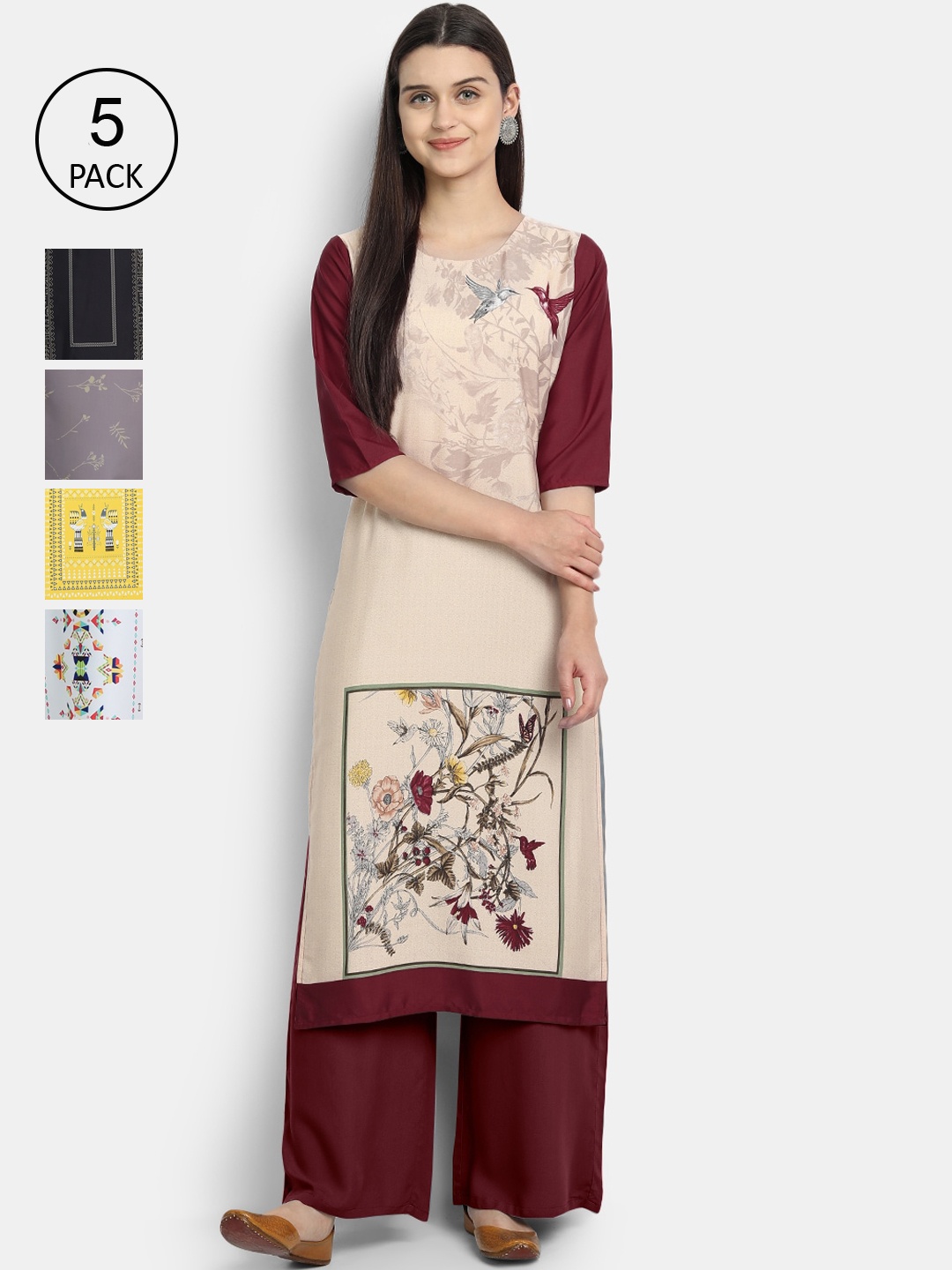 

7Threads Women Pack of 5 Printed Crepe Kurta, Multi