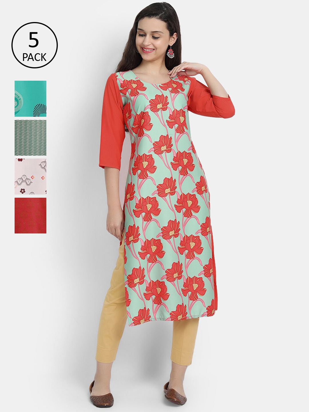 

7Threads Women Pack of 5 Multicoloured Printed Crepe Straight Kurtas, Multi