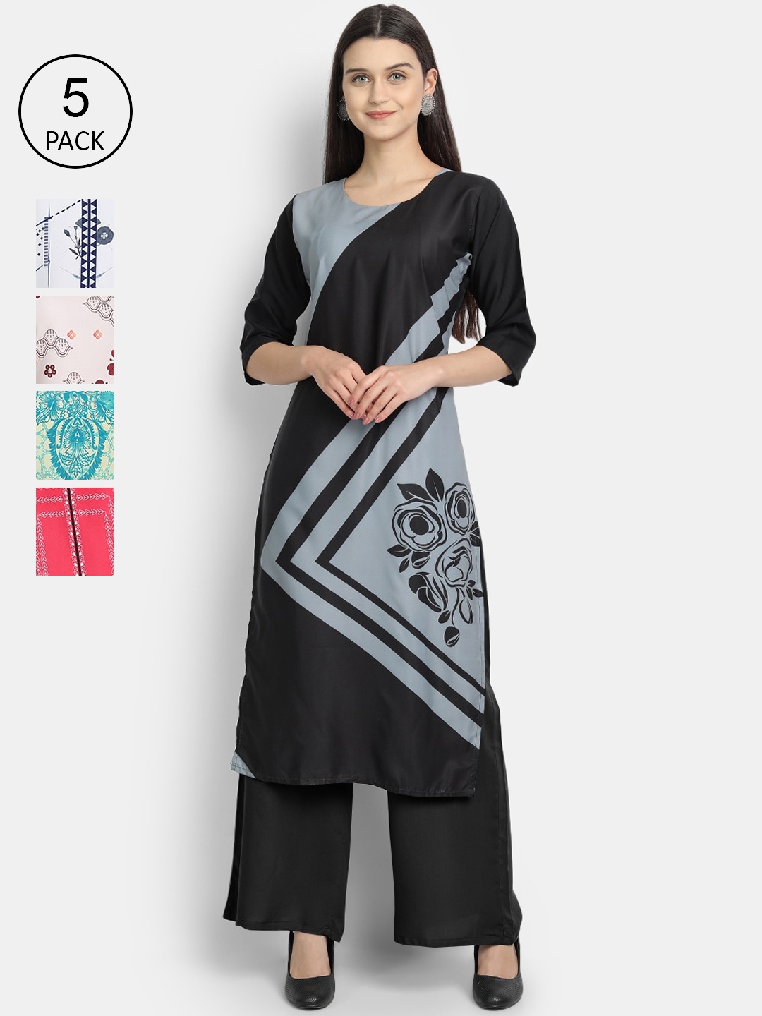 

7Threads Women Set of 5 Ethnic Motifs Printed Crepe Kurta, Multi