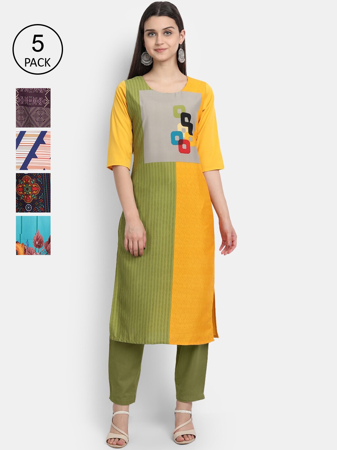 

7Threads Pack of 5 Women Printed Crepe Kurta, Multi