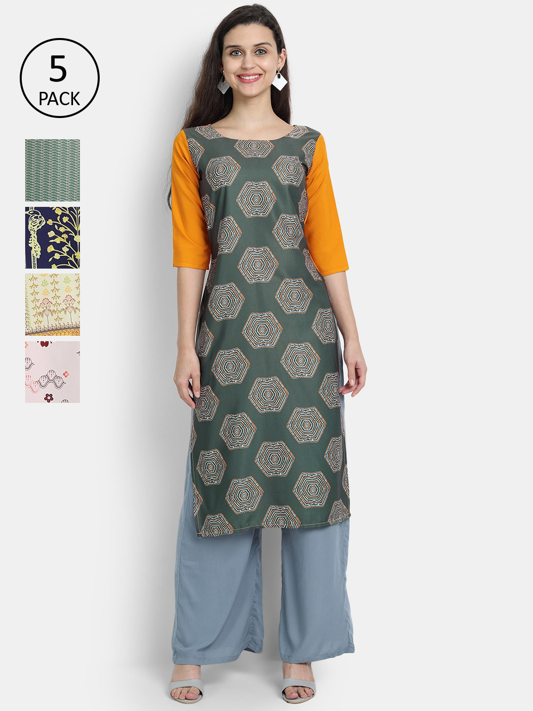 

7Threads Women Pack of 5 Geometric Printed Crepe Kurta, Green
