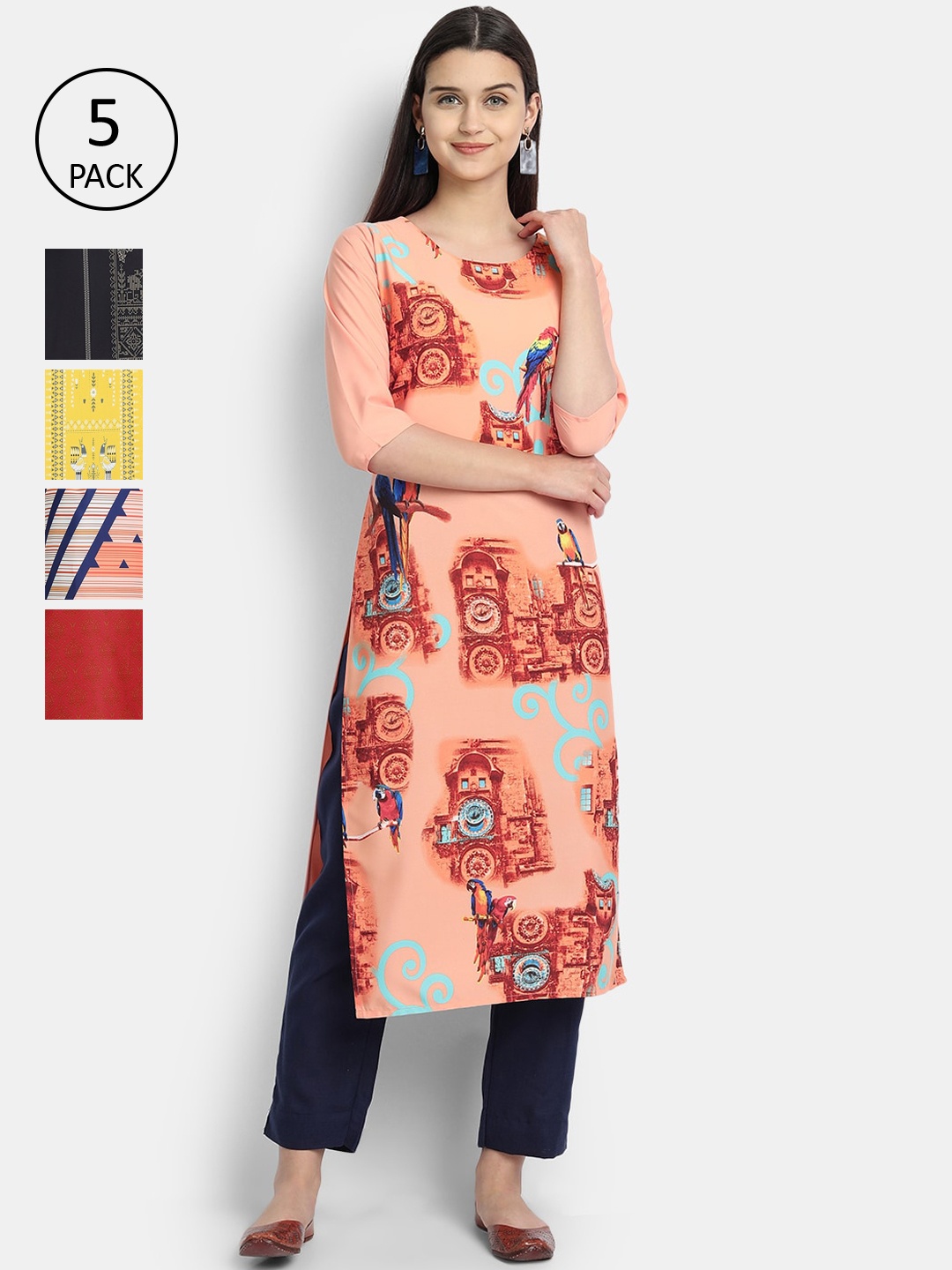 

7Threads Women Pack Of 5 Printed Crepe Kurta, Peach