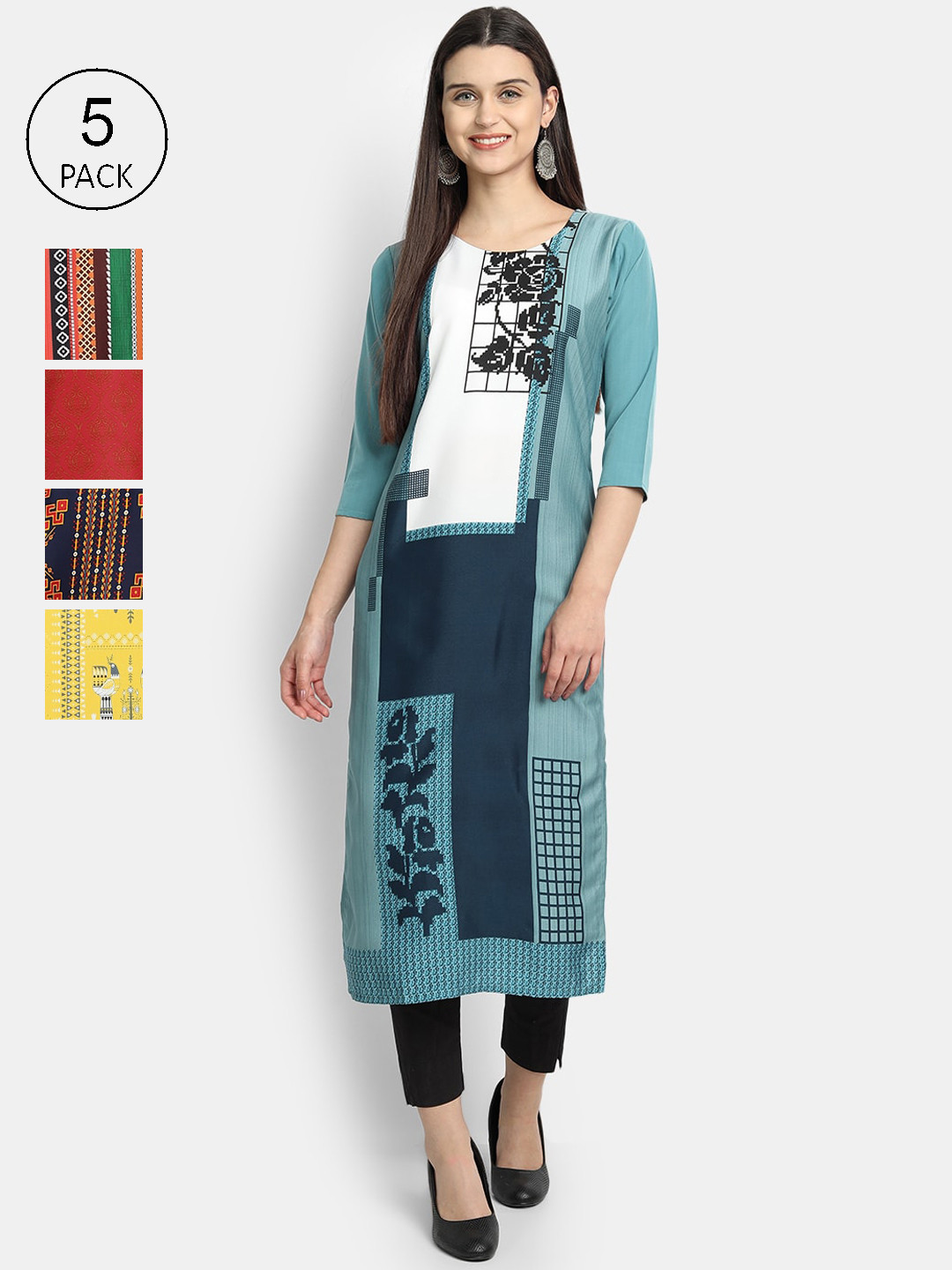 

7Threads Women Pack Of 5 Multicoloured Ethnic Motifs Printed Crepe Kurtas, Multi