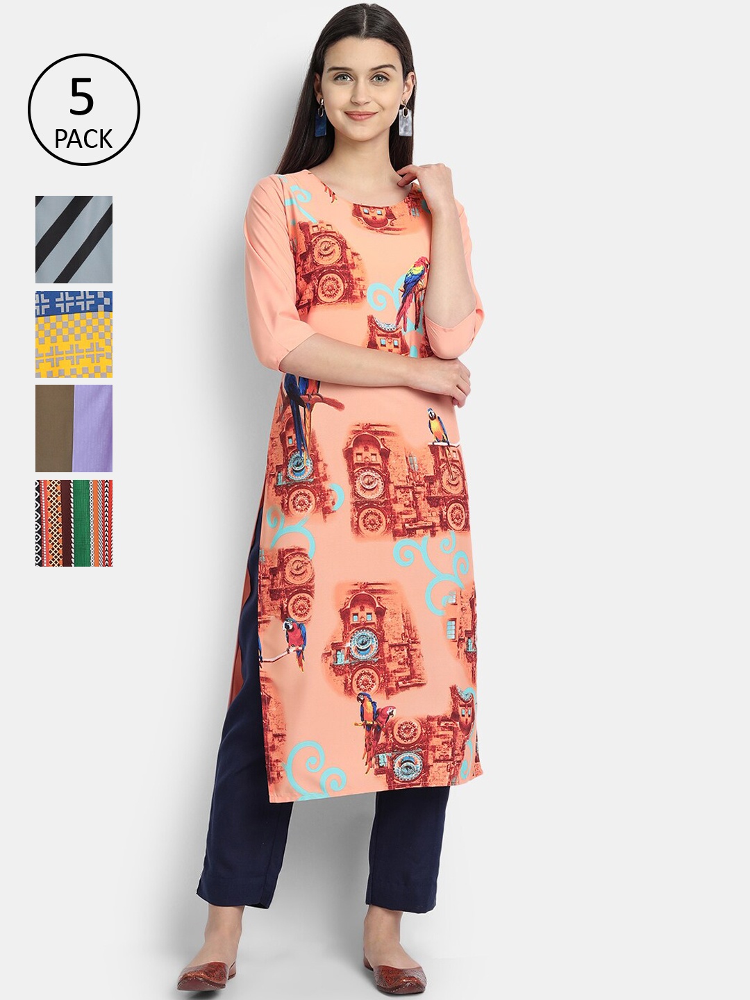 

7Threads Woman Pack of 5 Multicoloured Striped Crepe Kurta, Multi