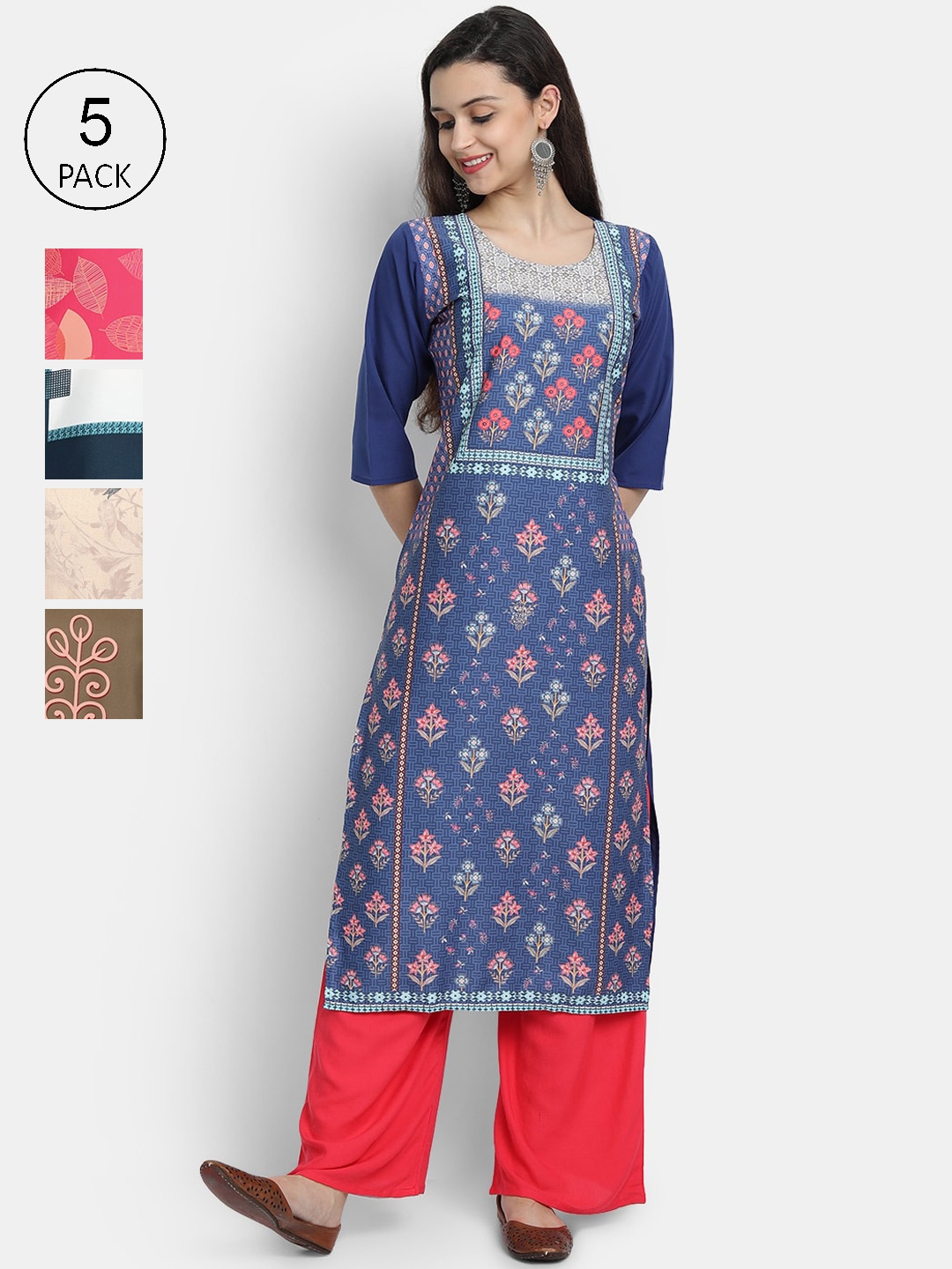 

7Threads Women Pack of 5 Ethnic Motifs Printed Crepe Kurta, Pink