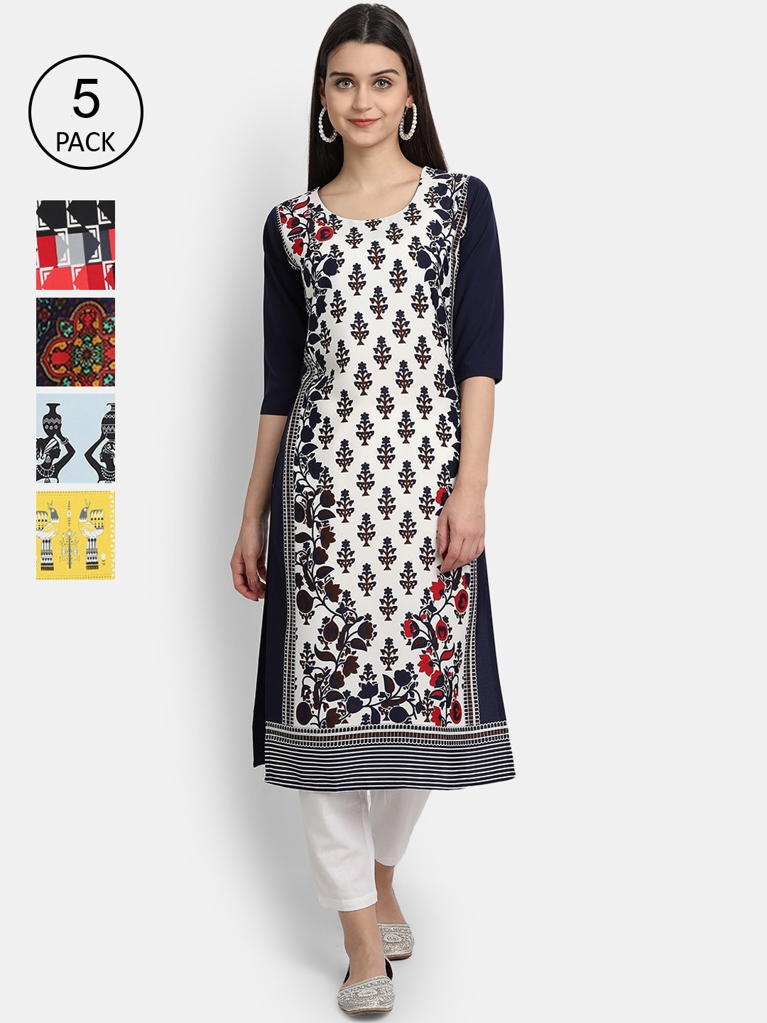

7Threads Women Set of 5 Multi Printed Crepe Kurta