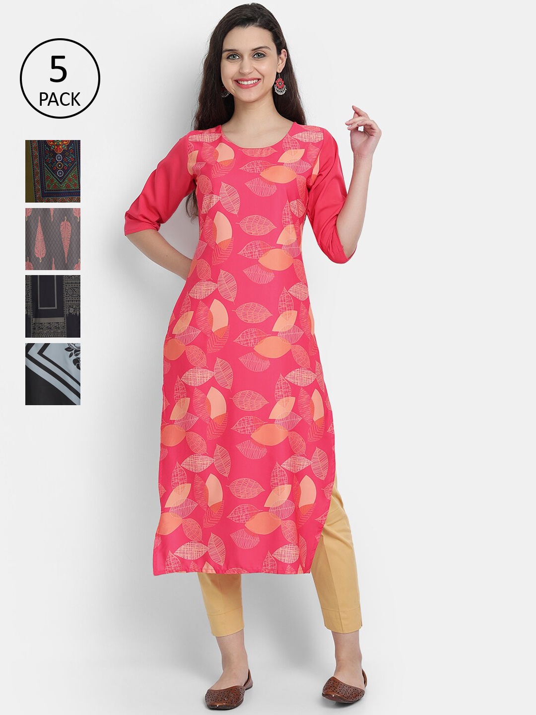 

7Threads Women Pack of 5 Multicoloured Printed Crepe Straight Kurtas, Multi