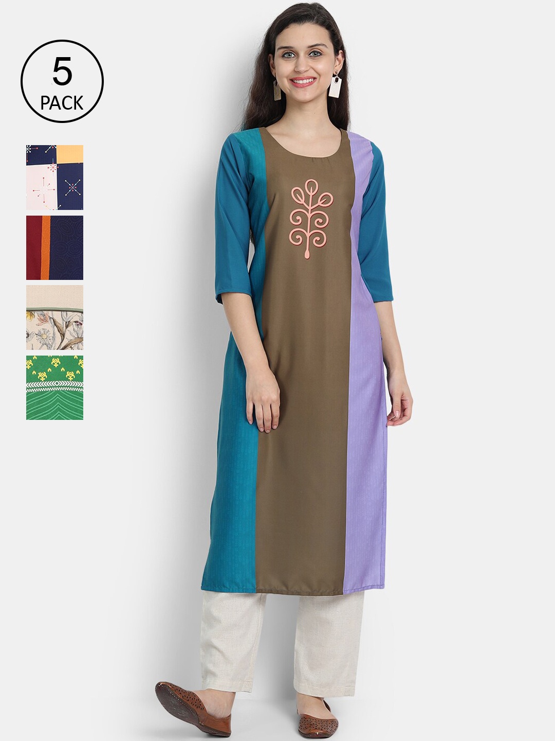 

7Threads Women Pack of 5 Colourblocked Crepe Kurta, Blue