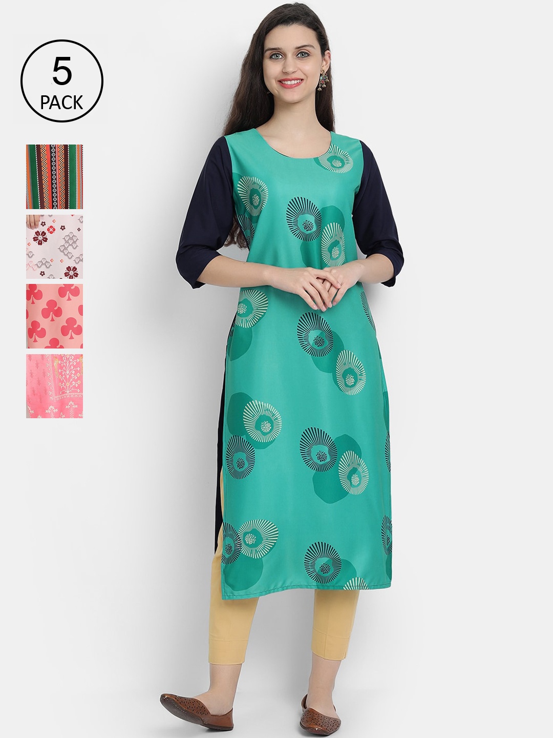 

7Threads Women Pack Of 5 Multicoloured Ethnic Motifs Printed Straight Kurta, Multi