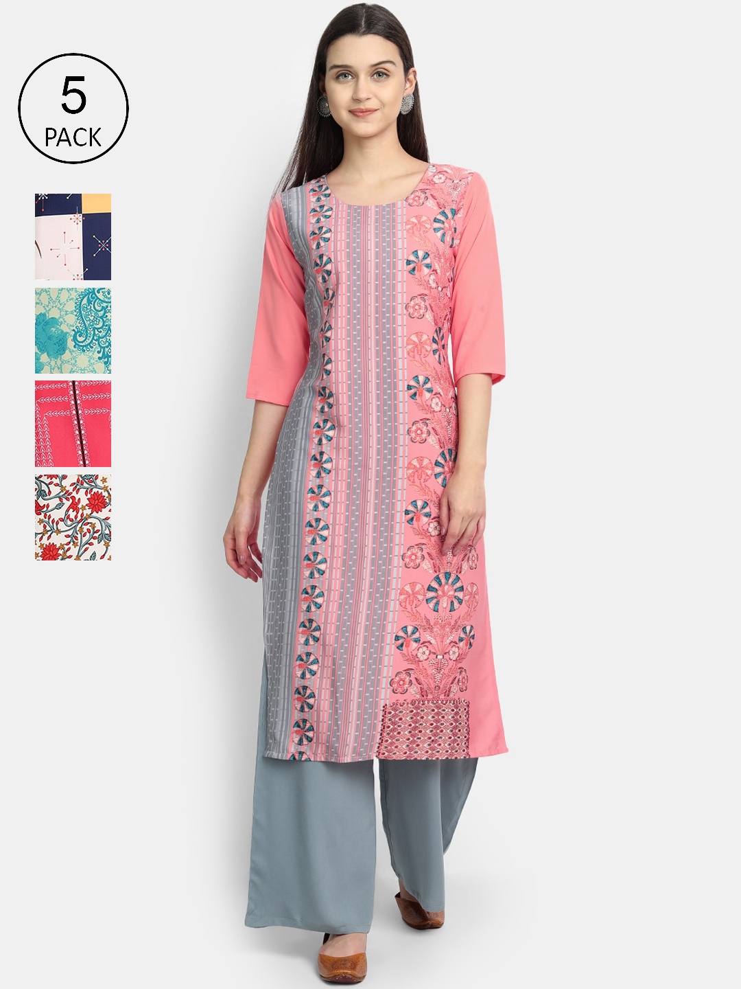 

7Threads Women Pack Of 5 Printed Crepe Kurtas, Pink