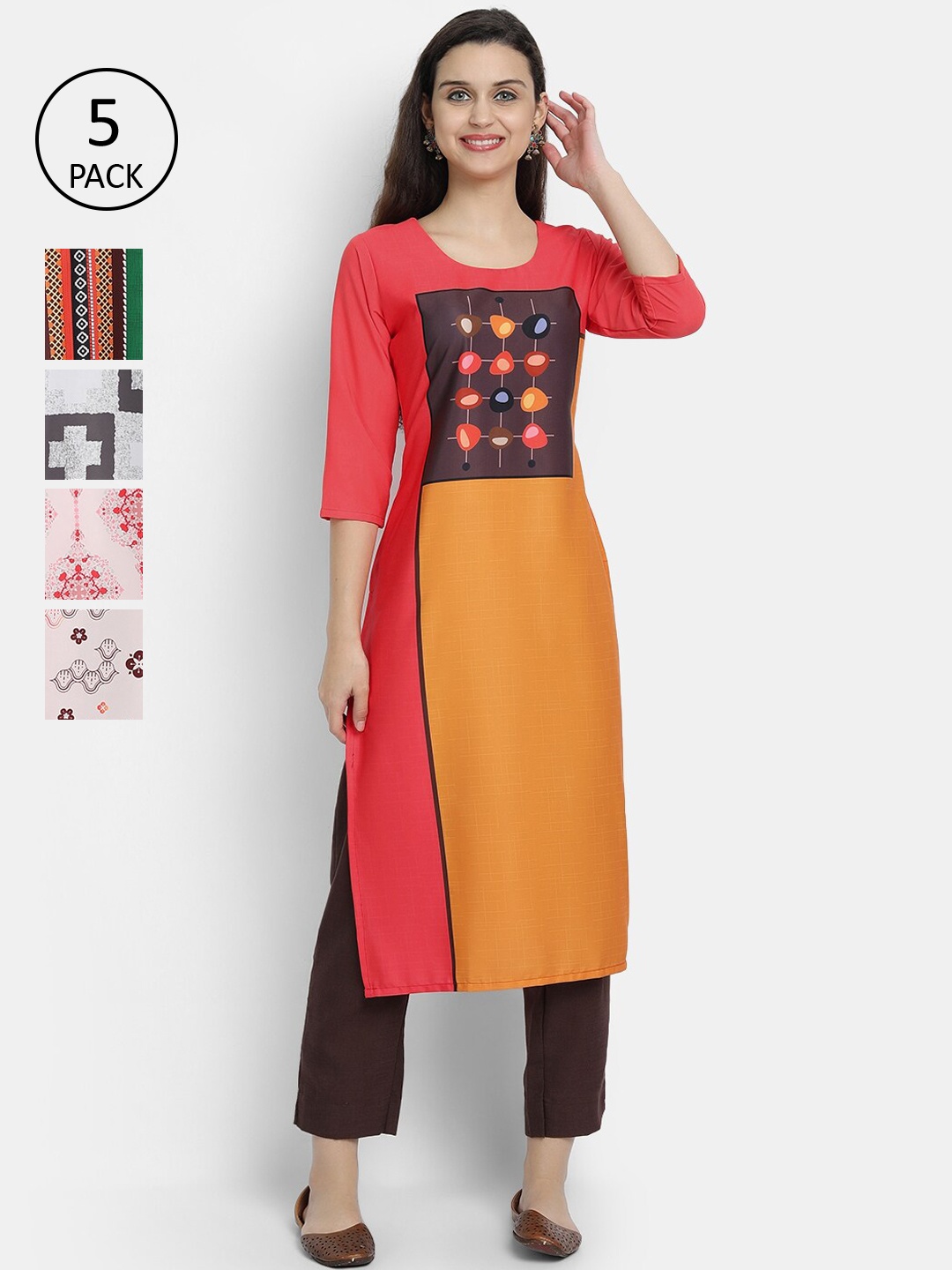 

7Threads Women Pack of 5 Multicoloured Printed Crepe Straight Kurtas, Multi