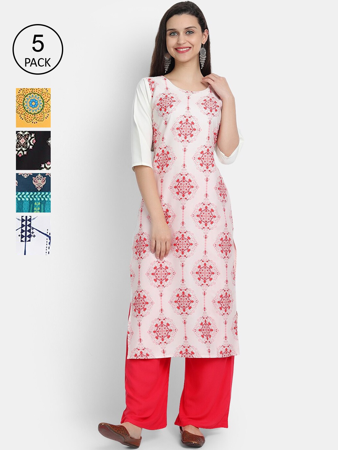 

7Threads Women Pack Of 5 Printed Kurtas, White