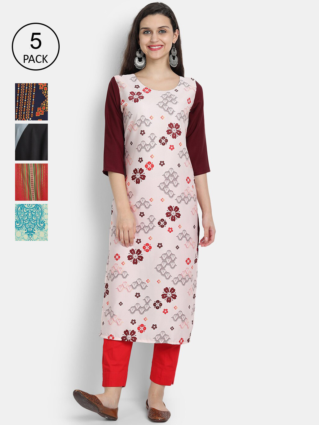 

7Threads Women Pack Of 5 Printed Crepe Kurta, White