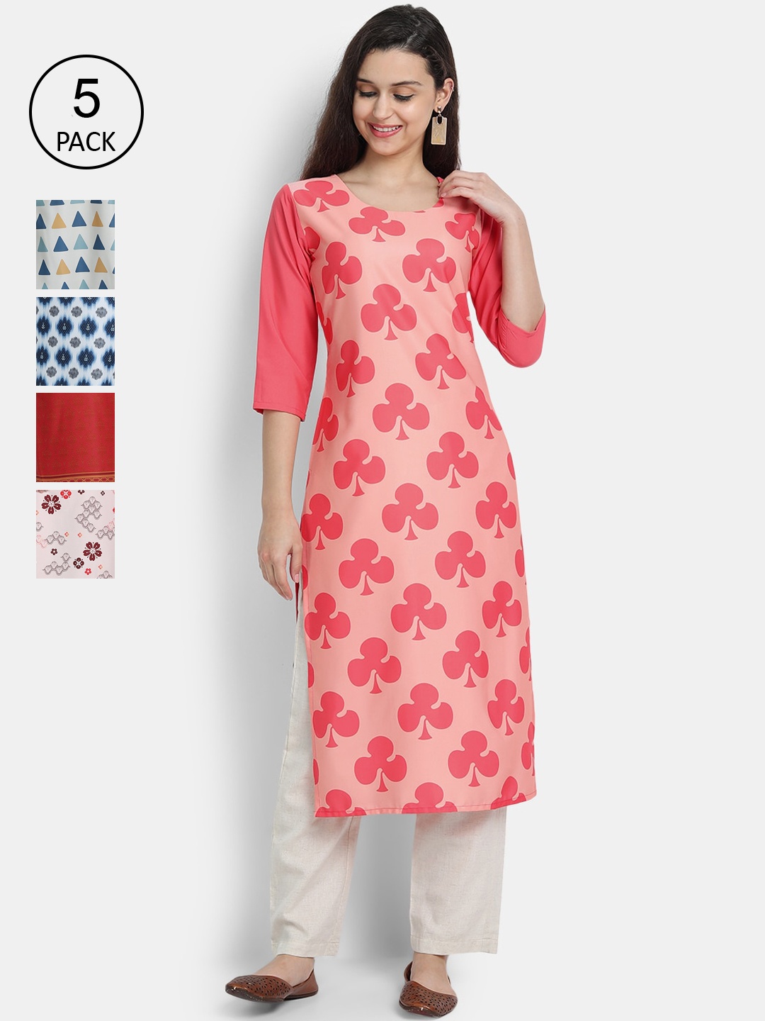 7Threads Women Pack Of 5 Multicoloured Floral Printed Crepe Kurta, Multi