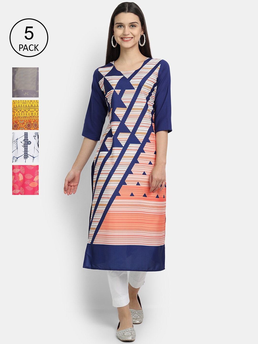 

7Threads Women Pack Of 5 Printed Crepe Kurta, Mustard