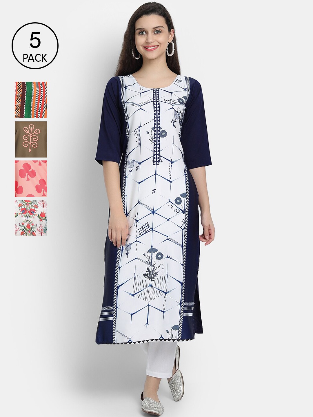 

7Threads Women Set of 5 Multicoloured Printed Crepe Kurta, Multi
