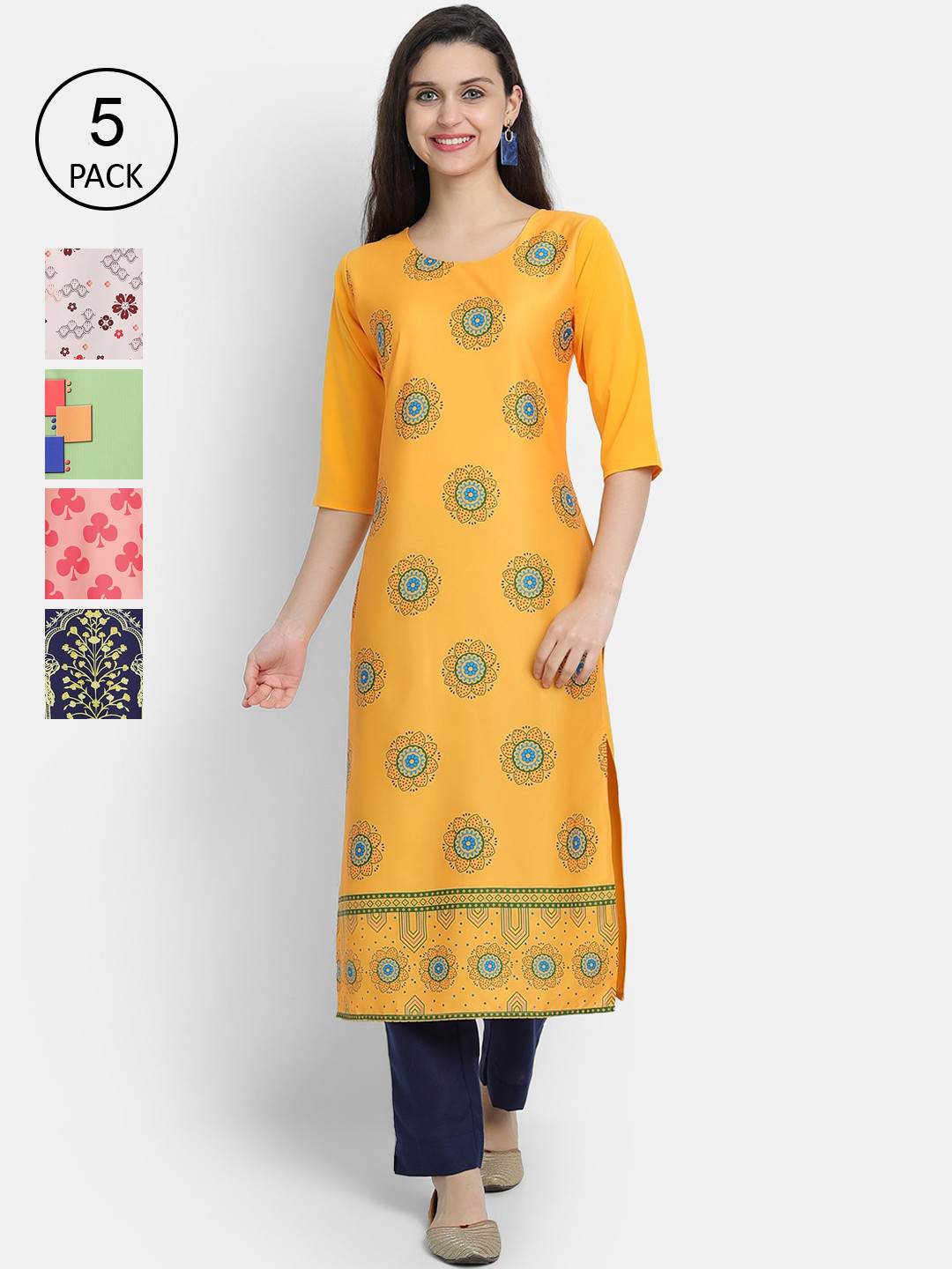 

7Threads Woman Pack of 5 Multicoloured Printed Crepe Kurta, Multi