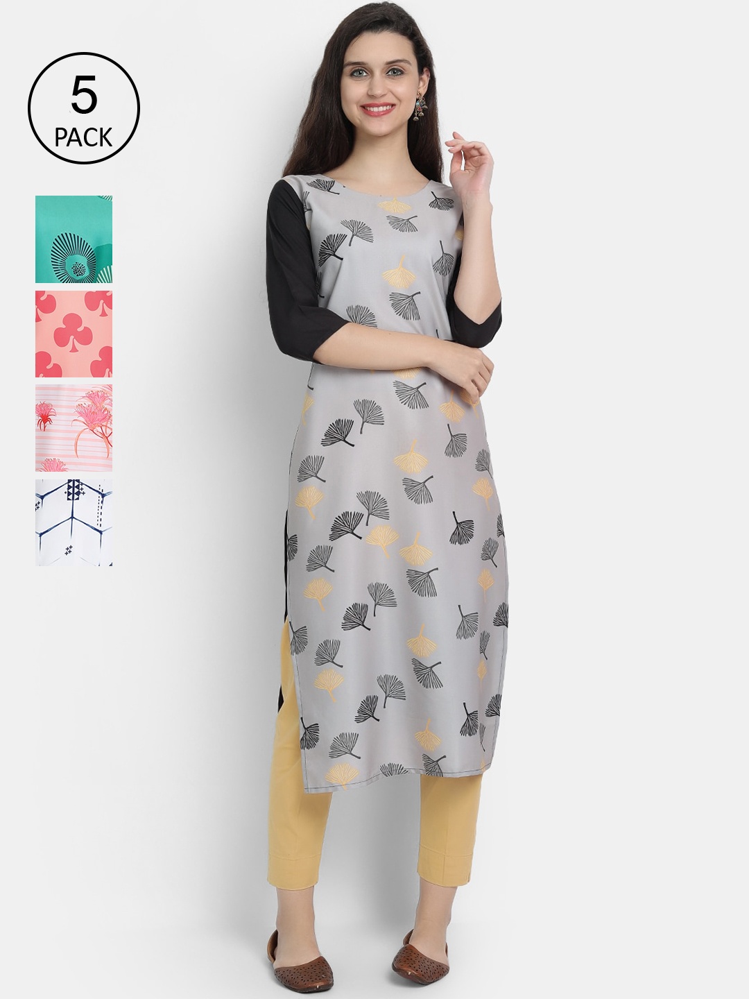 

7Threads Women Pack of 5 Multicoloured Printed Crepe Straight Kurtas, Multi