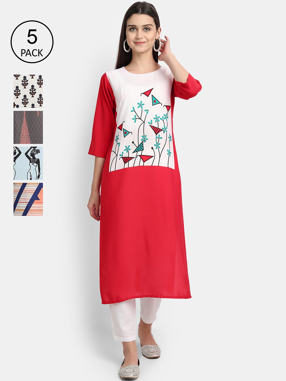 

7Threads Women Set of 5 Printed Thread Work Crepe Kurta, Multi