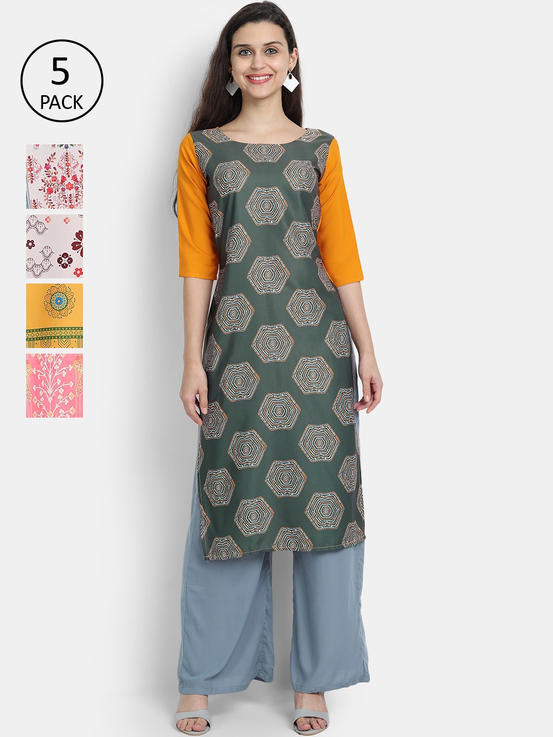 

7Threads Women Pack Of 5 Printed Kurtas, Green