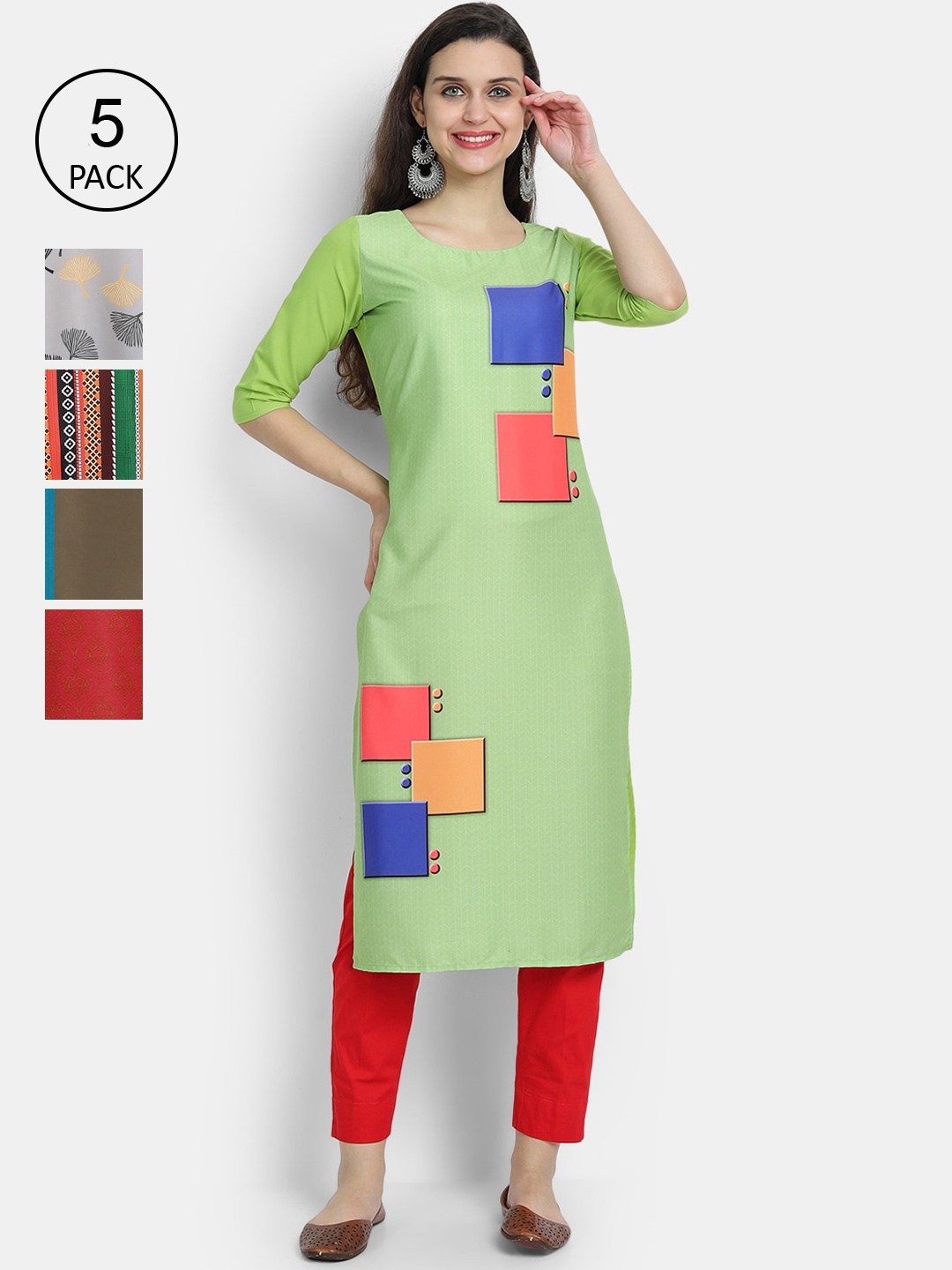 

7Threads Women Pack of 5 Geometric Printed Crepe Kurta, Green