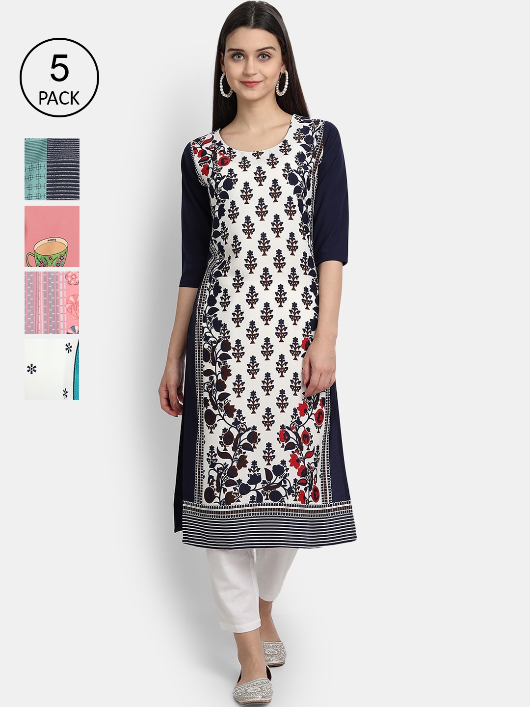 

7Threads Women Pack Of 5 Printed Crepe Kurta, Blue