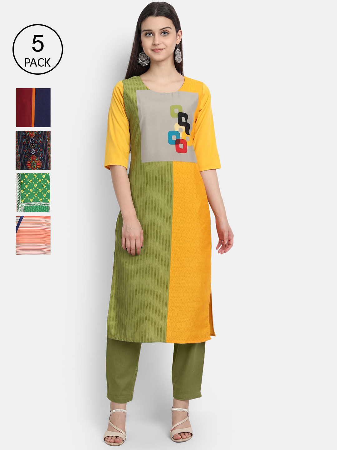 

7Threads Women Pack Of 5 Printed Crepe Kurtas, Green