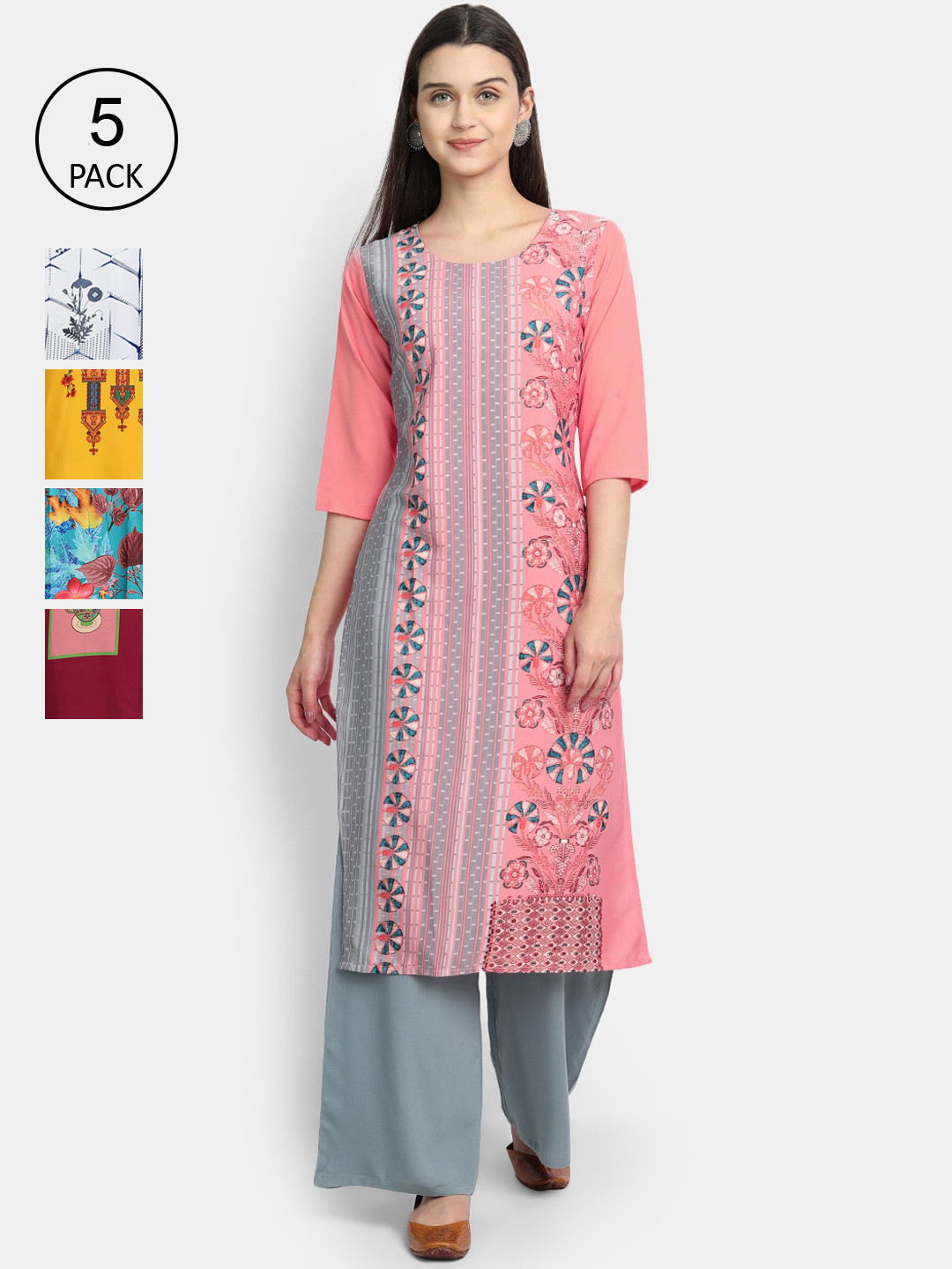 

7Threads Women Pack of 5 Ethnic Motifs Printed Crepe Kurta, Pink