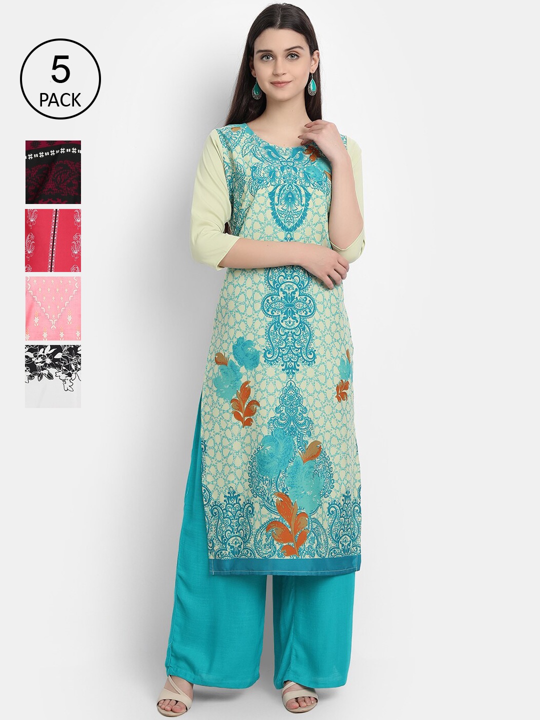 

7Threads Women Pack Of 5 Multicoloured Ethnic Motifs Printed Crepe Kurtas, Multi