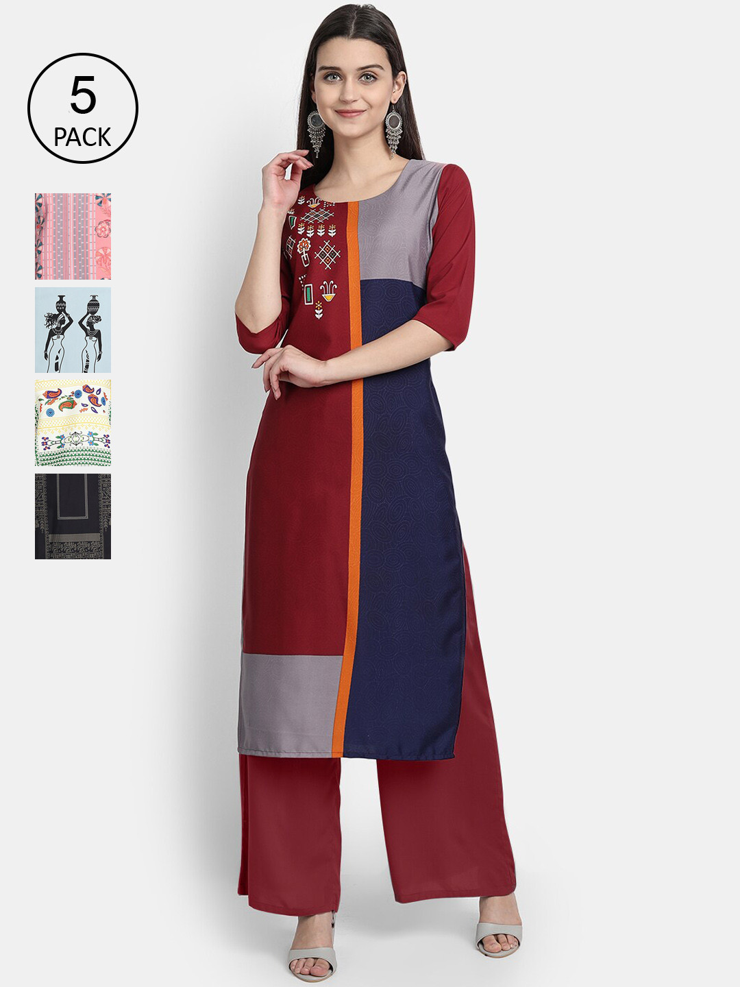 

7Threads Women Pack of 5 Multicoloured Printed Crepe Straight Kurtas, Multi