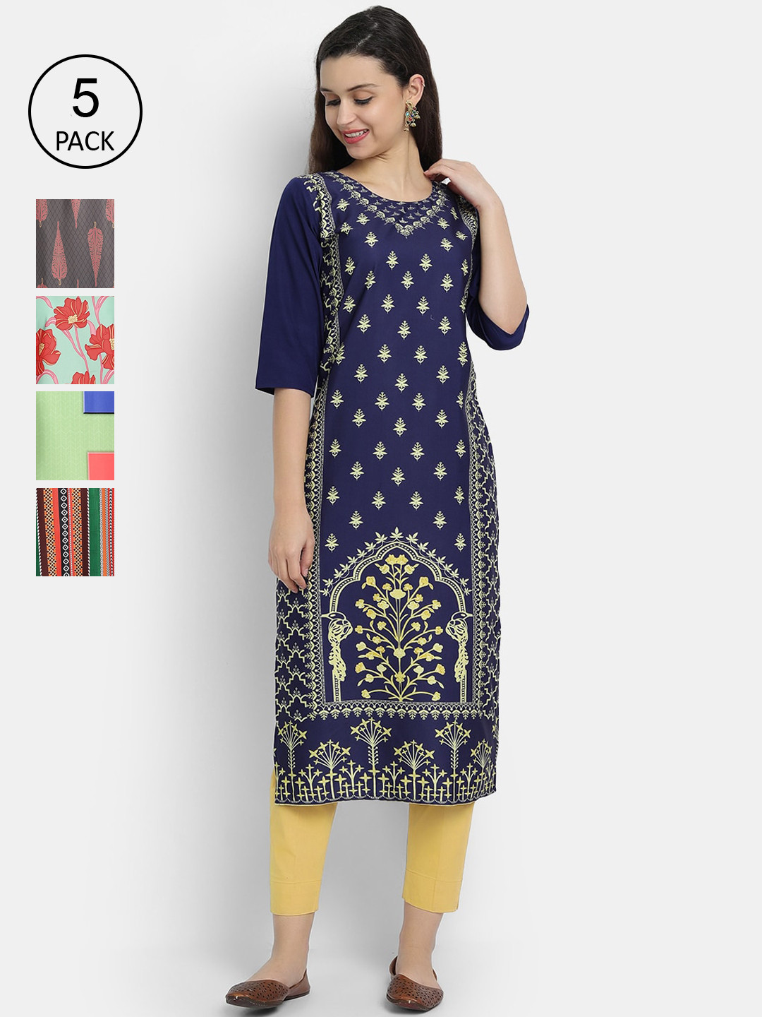 

7Threads Women Pack Of 5 Printed Kurtas, Navy blue